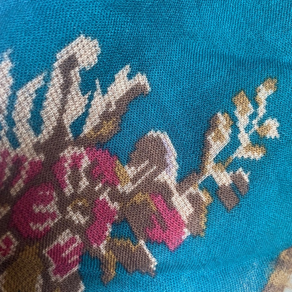 Vintage Glentex Teal Floral Tapestry Square Scarf Fringed Edge Victorian Style - Picture 7 of 13